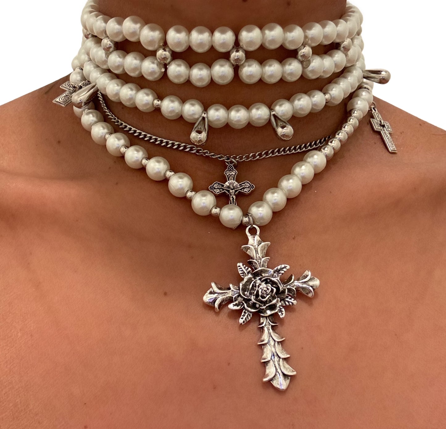 Triple layer pearl rose cross choker