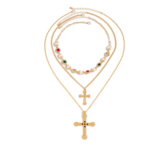 Pearl and cross layered necklace set