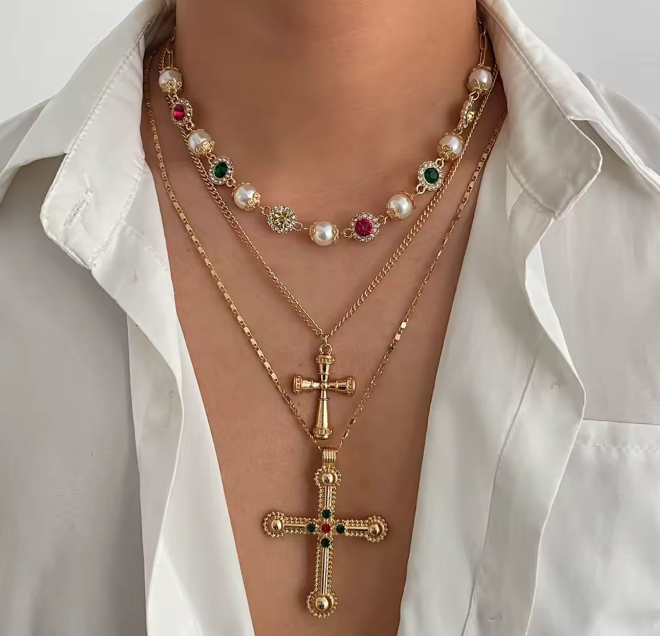 Pearl and cross layered necklace set