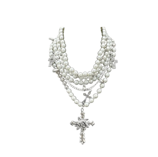 Triple layer pearl rose cross choker