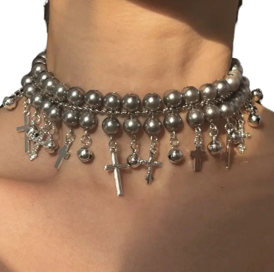 Grey pearl multi cross choker
